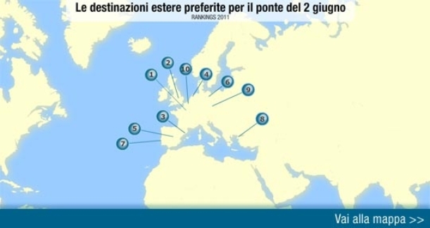 Mappa delle destinazioni preferite dagli italiani per la Festa della repubblica