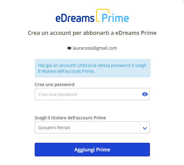 riquadro creazione account eDreams Prime