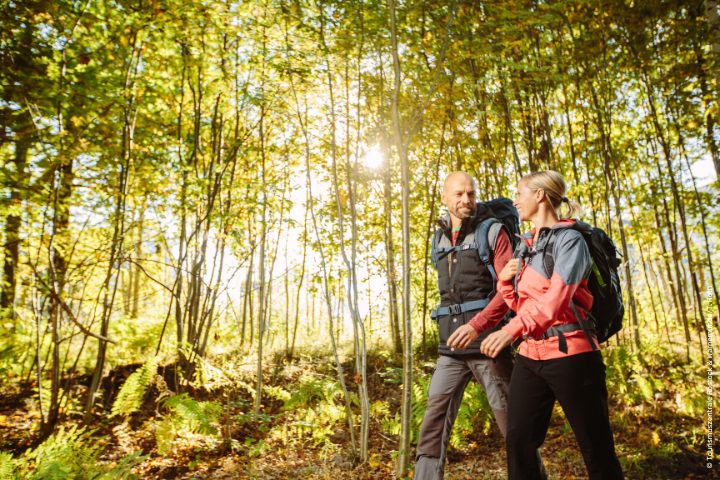 Persone che passeggiano in una foresta lungo il Mar Baltico, Germania