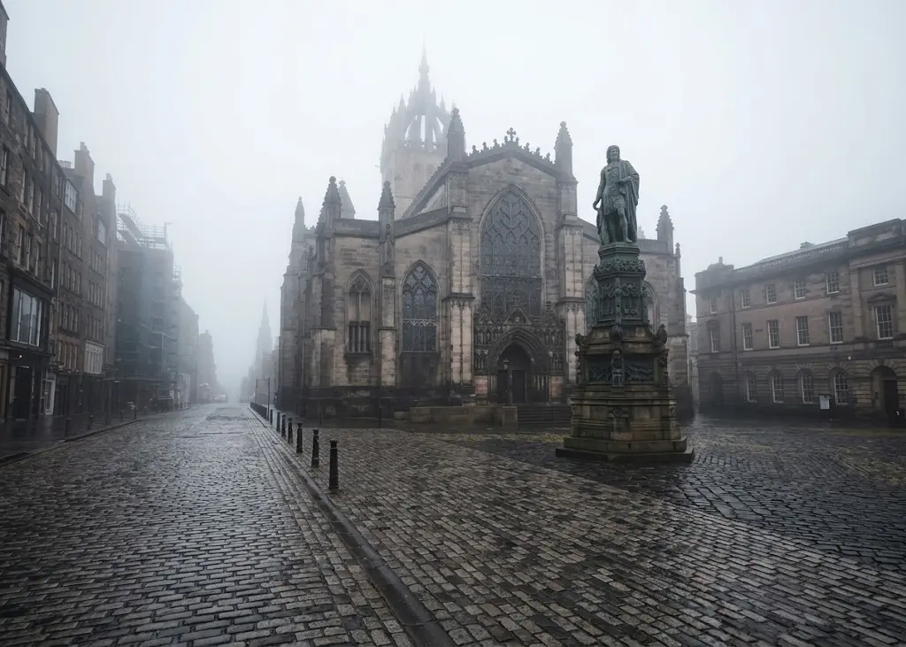 Cattedrale di St Giles a Edimburgo con campanile caratteristico in mattinata nebbiosa